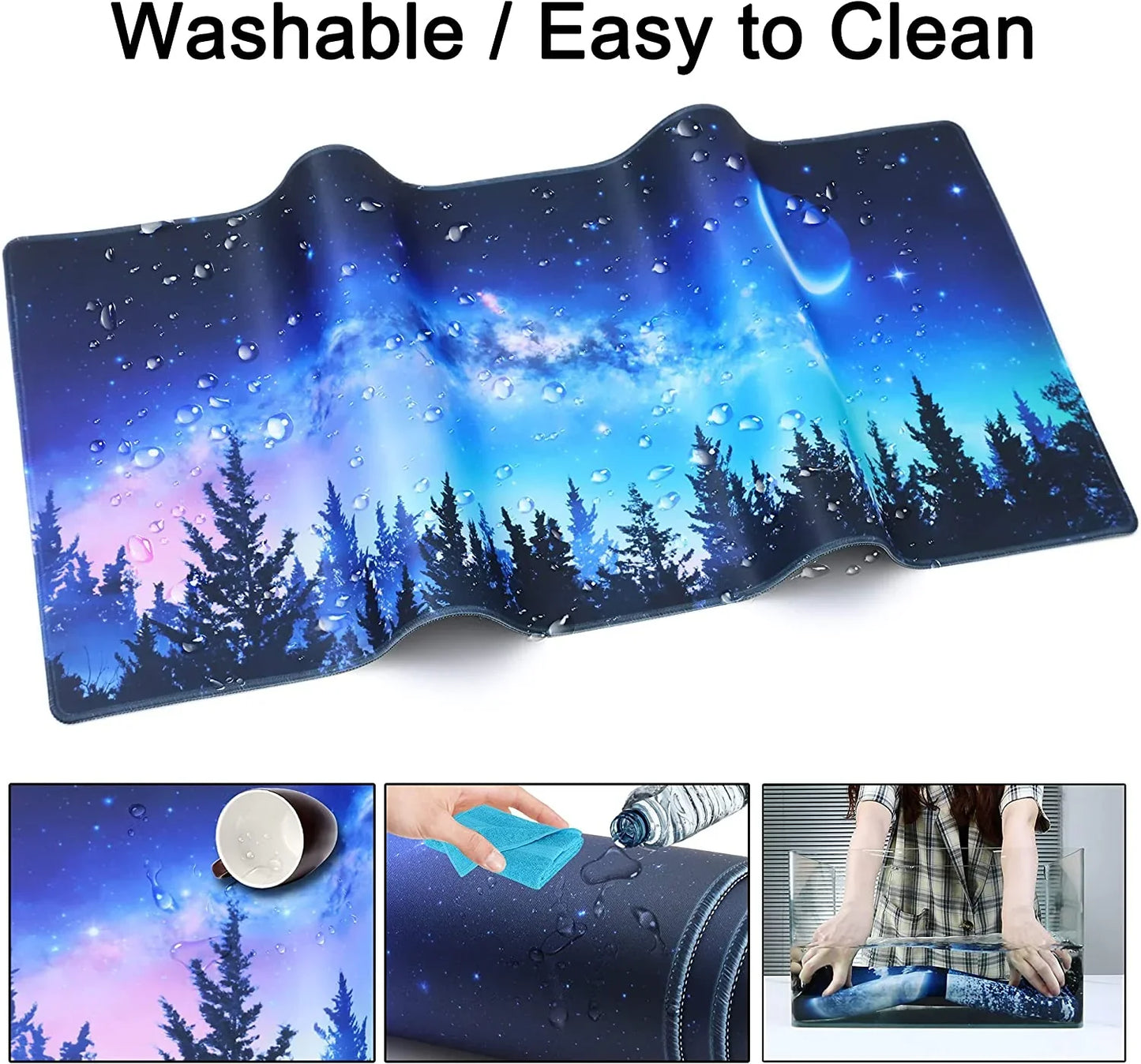 Washable mouse pad with blue galaxy and pine tree design, water-resistant and easy to clean