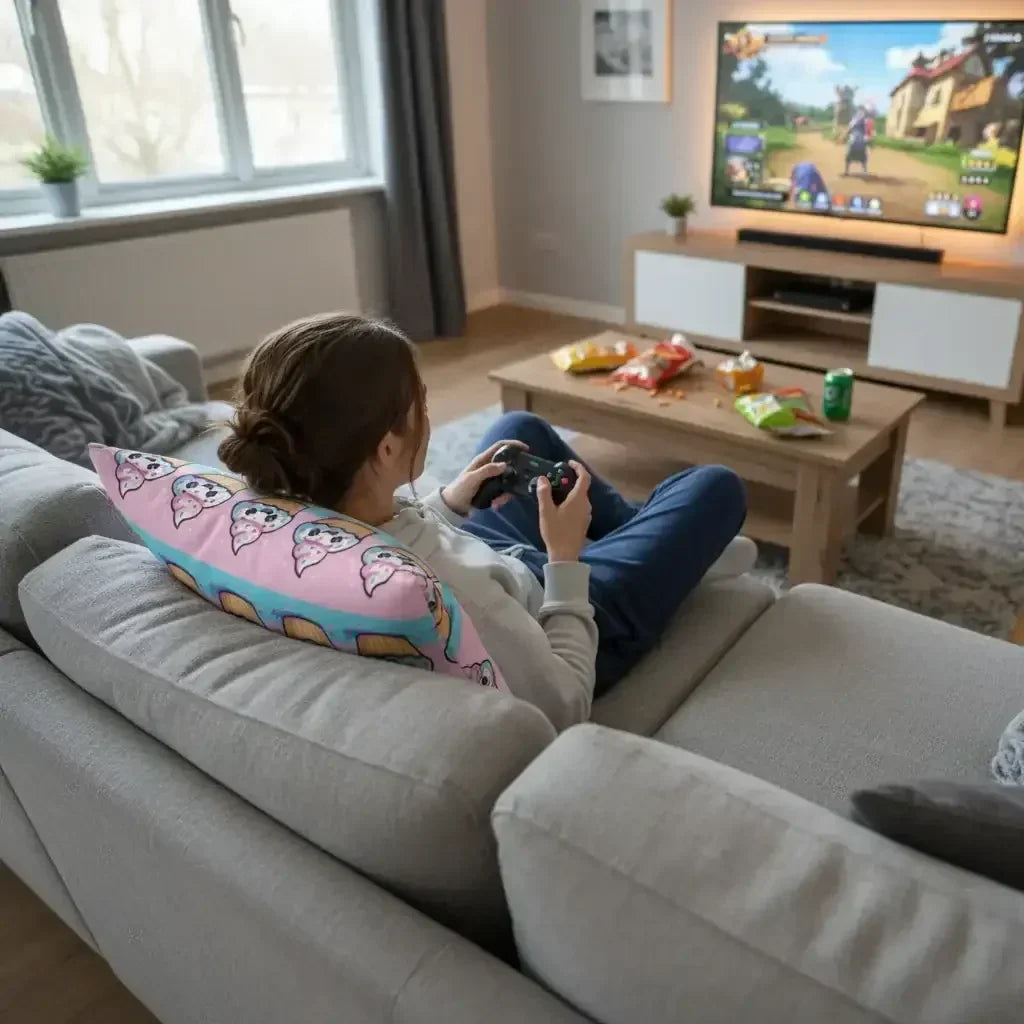 Person playing video games on couch with cartoon dog pillow and snacks on coffee table