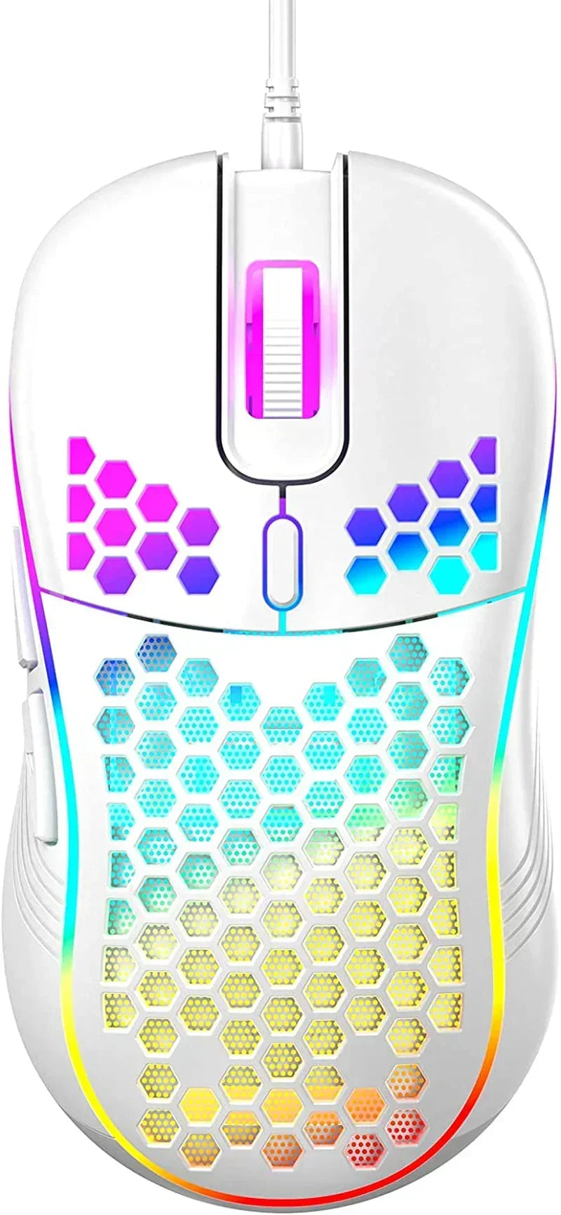 White gaming mouse with RGB honeycomb design, colorful LED lighting, and wired connection