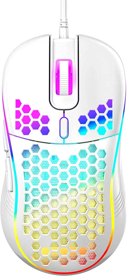 White gaming mouse with RGB honeycomb design, colorful LED lighting, and wired connection