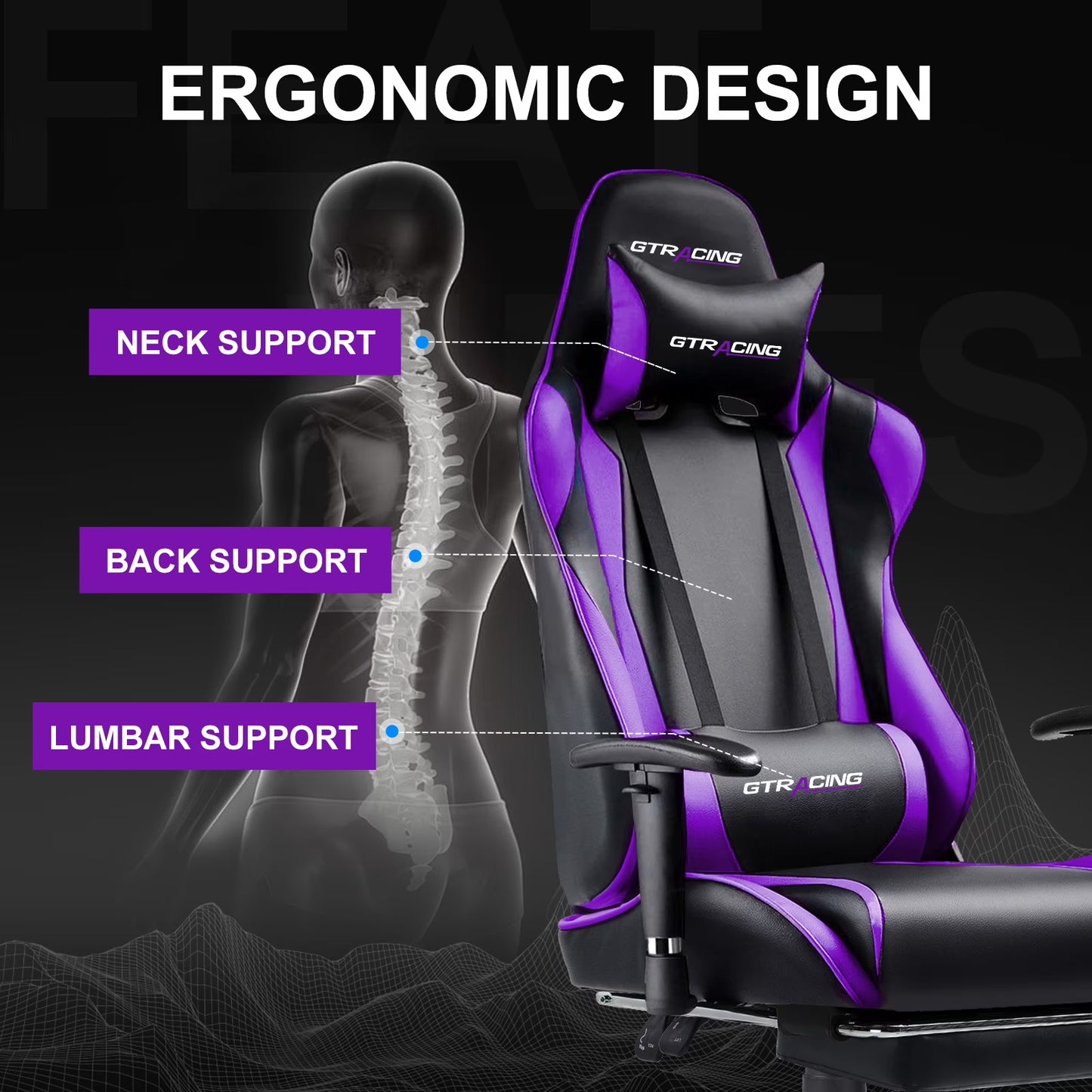 Purple and black ergonomic gaming chair with neck, back, and lumbar support for comfort during long sessions