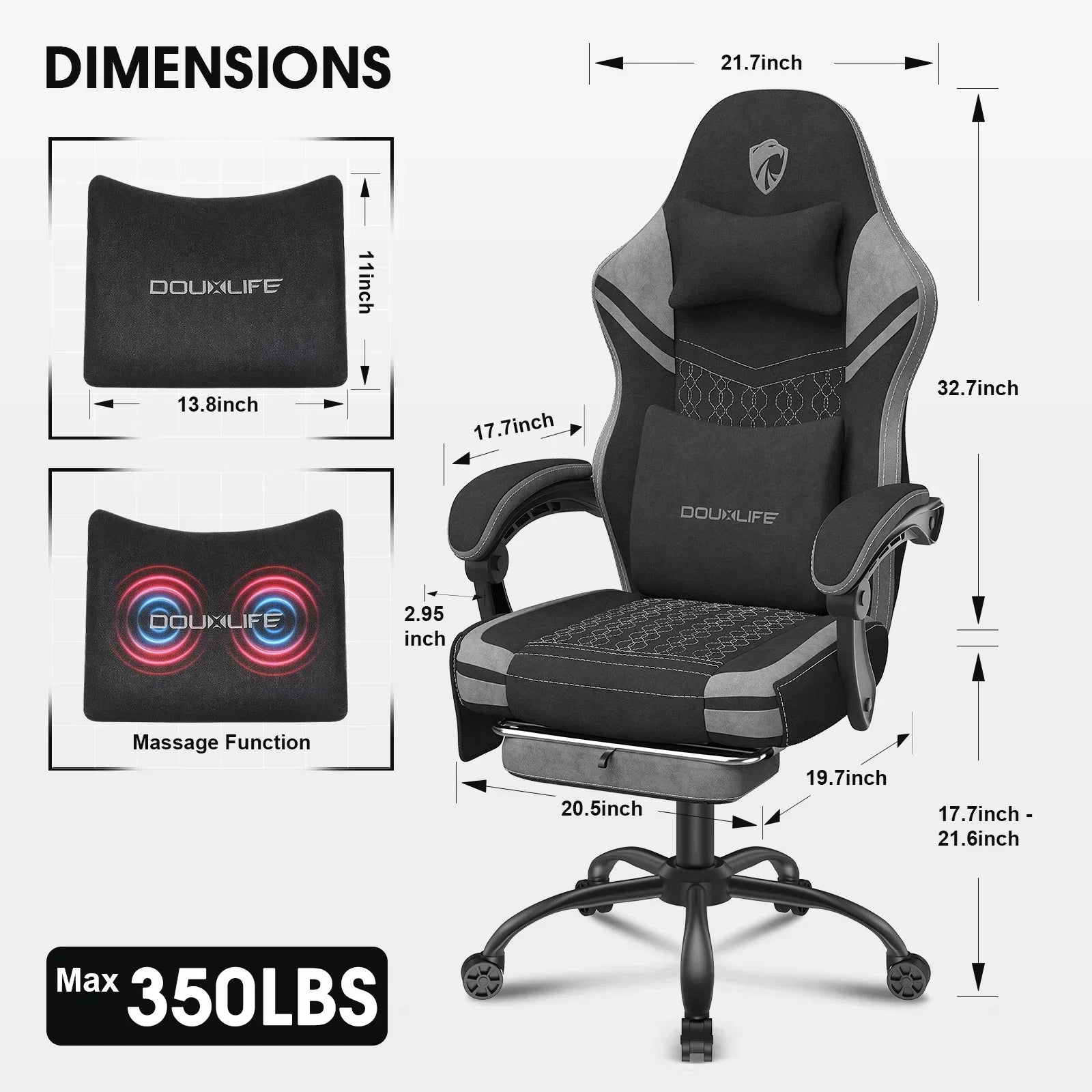 Black and gray gaming chair with lumbar and headrest cushions, massage function, and detailed dimensions
