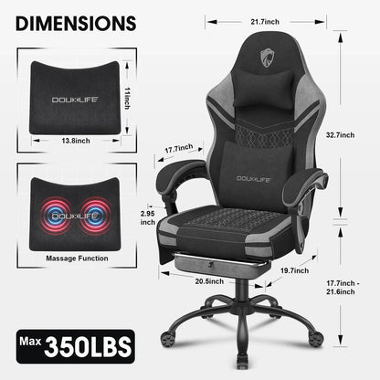 Black and gray gaming chair with lumbar and headrest cushions, massage function, and detailed dimensions