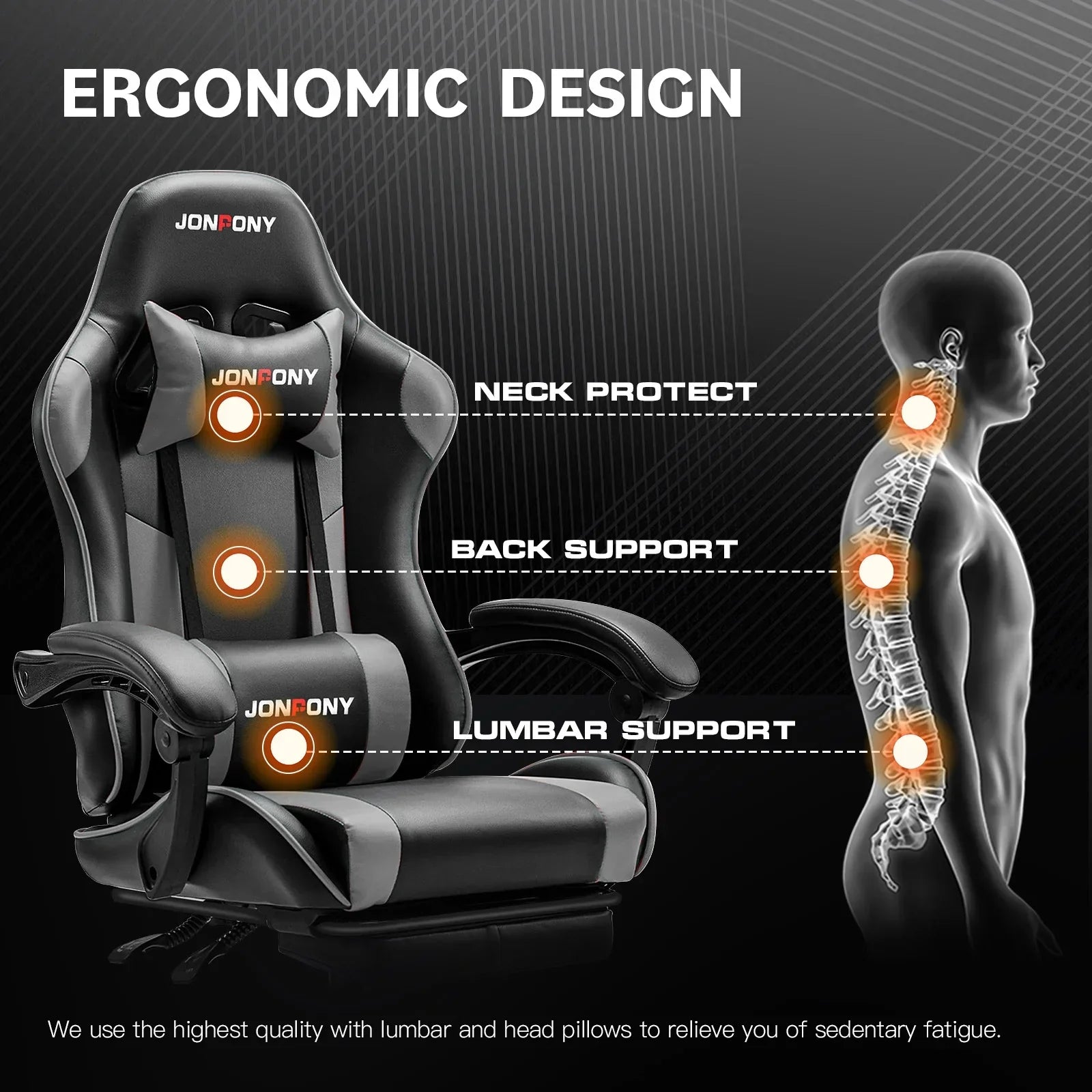 Black and gray JONFONY ergonomic gaming chair with neck, back, and lumbar support cushions