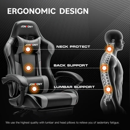 Black and gray JONFONY ergonomic gaming chair with neck, back, and lumbar support cushions