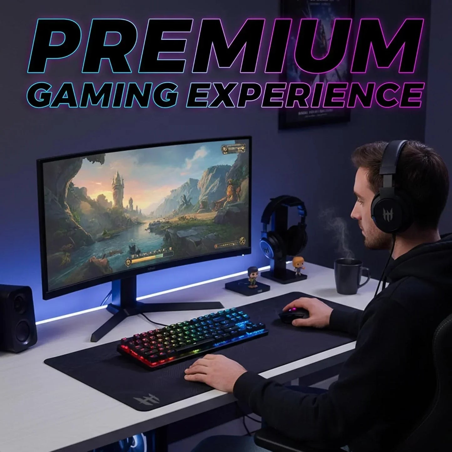 Gamer at RGB keyboard and curved monitor setup, enjoying premium gaming experience in modern room.