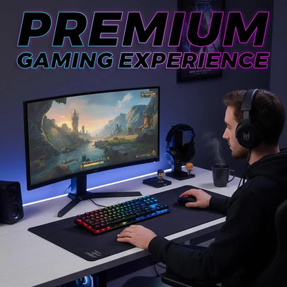 Gamer at RGB keyboard and curved monitor setup, enjoying premium gaming experience in modern room.