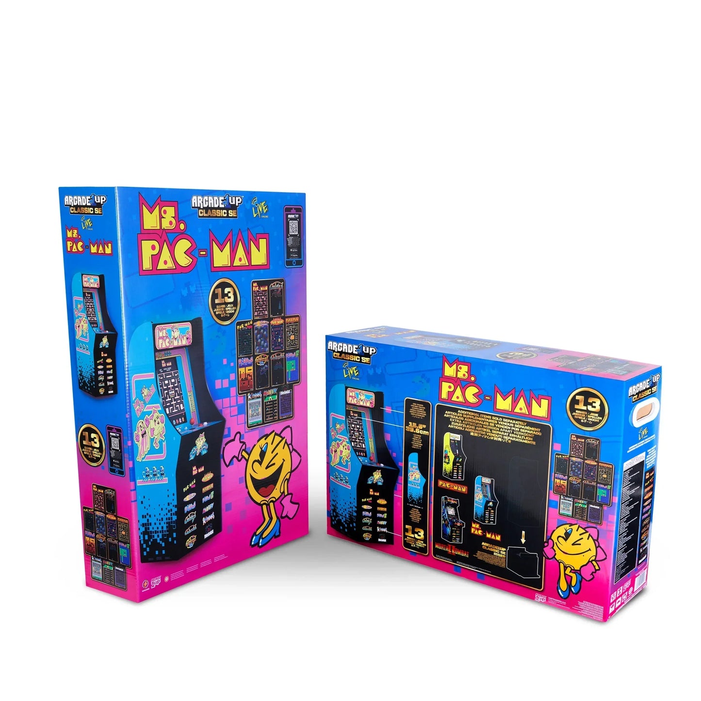 Ms. Pac-Man Arcade1Up Classic SE boxed arcade machine set with pixel art graphics, retro gaming gear