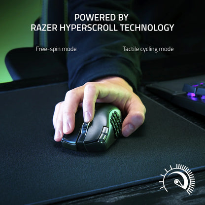 Hand using Razer gaming mouse on black mousepad with Razer Hyperscroll Technology text