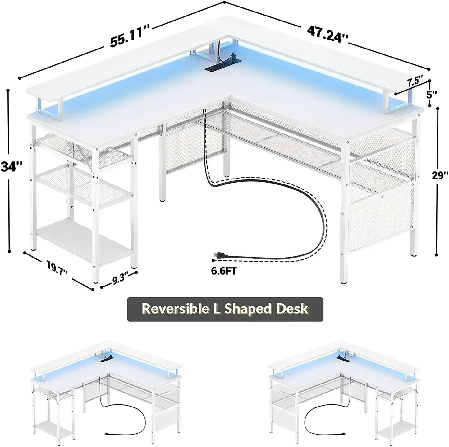 L Shaped Desk with Power Outlets and LED Light, 55 Inch Reversible L-Shaped Gaming Desk with Monitor Stand, Ergonomic Corner Computer Desk with Storage Shelf for Home Office, White