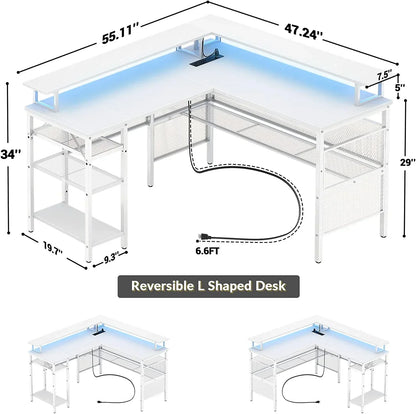 L Shaped Desk with Power Outlets and LED Light, 55 Inch Reversible L-Shaped Gaming Desk with Monitor Stand, Ergonomic Corner Computer Desk with Storage Shelf for Home Office, White