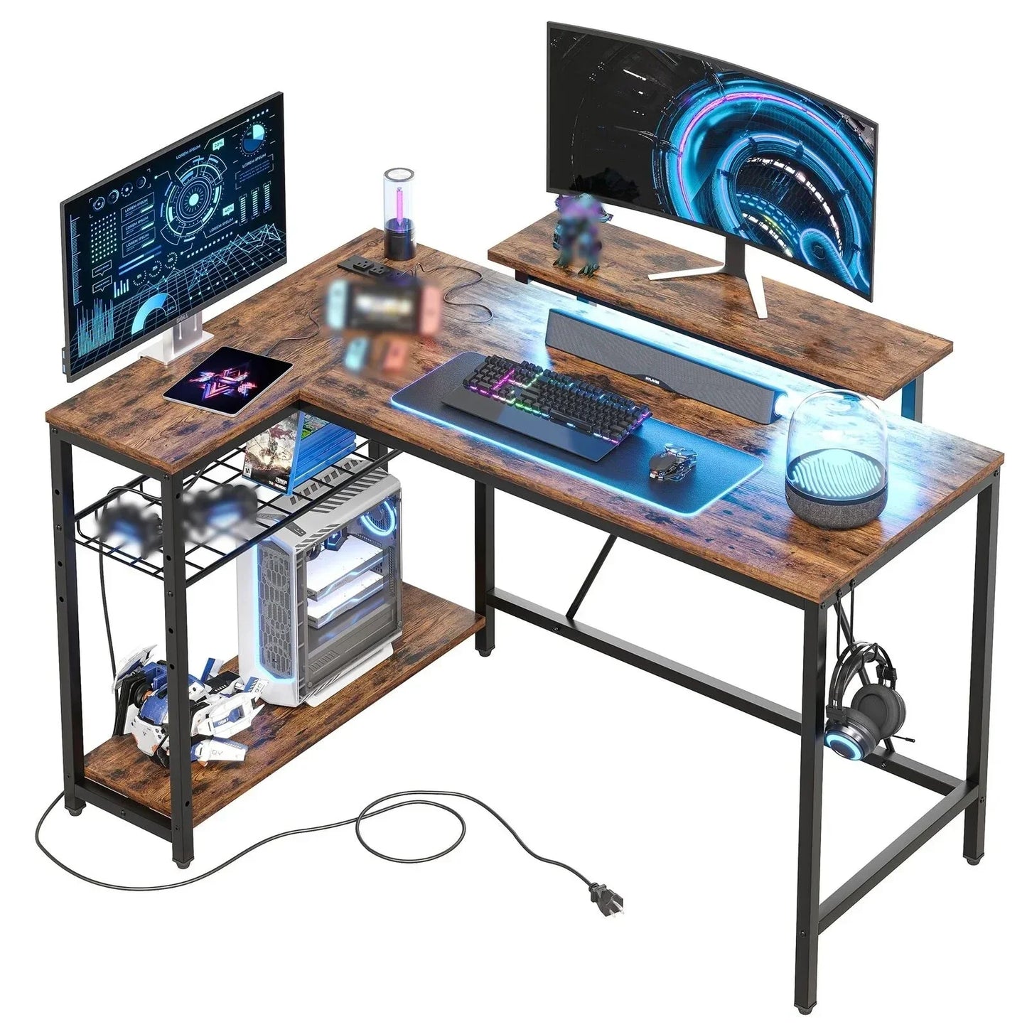 48" L Shaped Desk with LED Lights & Power Outlets, Corner Computer Desk with Monitor Stand for Home Office, Rustic