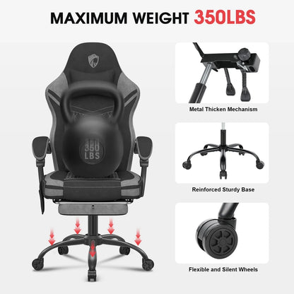 Black and gray gaming chair designed for 350 lbs max weight with metal mechanism, sturdy base, and silent wheels