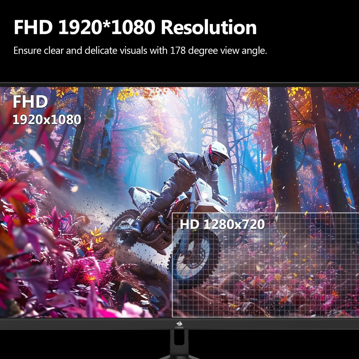 Comparison of 1920x1080 FHD vs 1280x720 HD resolution with motocross rider in vibrant forest on gaming monitor