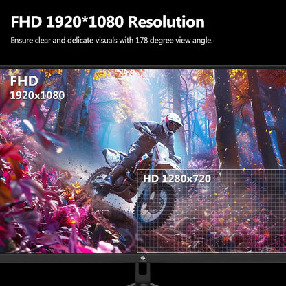 Comparison of 1920x1080 FHD vs 1280x720 HD resolution with motocross rider in vibrant forest on gaming monitor