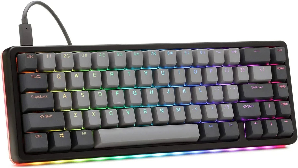 RGB gaming keyboard with gray keycaps and compact layout, Byte Style retro 8-bit gear