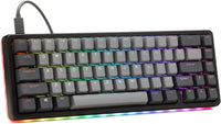 RGB gaming keyboard with gray keycaps and compact layout, Byte Style retro 8-bit gear