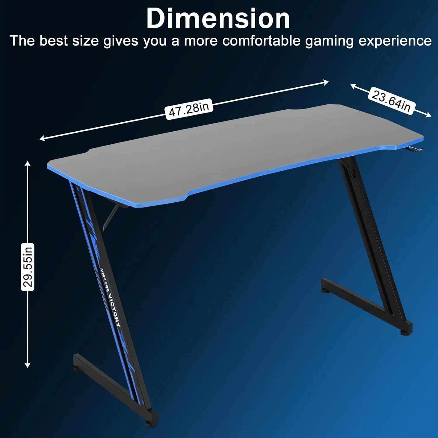 Gaming desk with dimensions 47.28in length, 23.64in width, 29.55in height, black and blue design