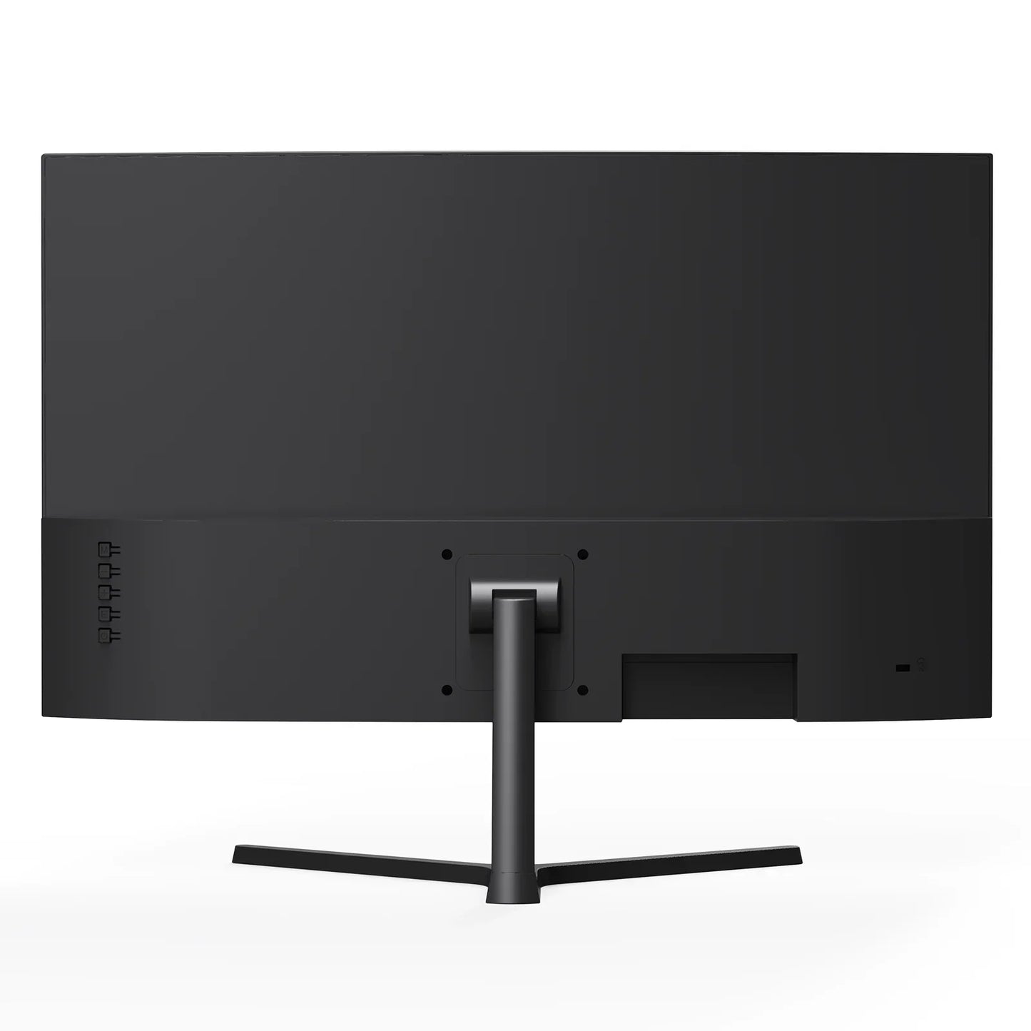 Back of a sleek black gaming monitor with a sturdy stand and control buttons on the left side