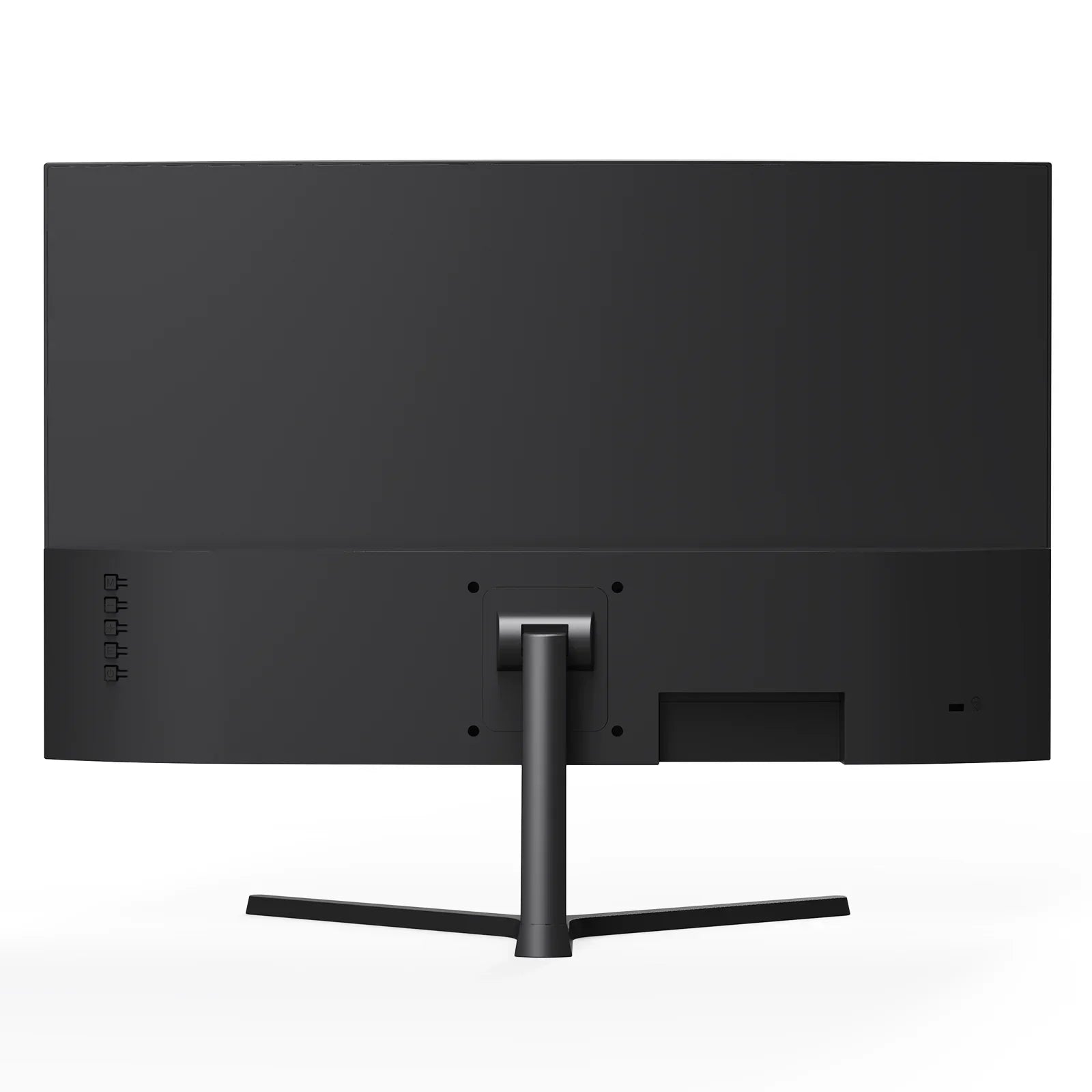 Back of a sleek black gaming monitor with a sturdy stand and control buttons on the left side