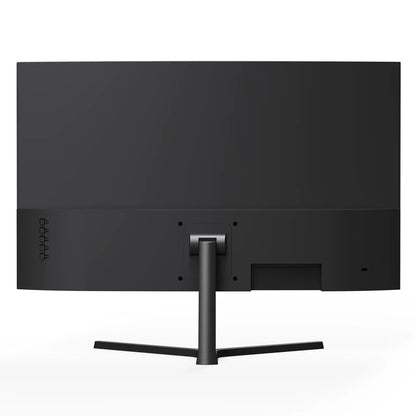 Back of a sleek black gaming monitor with a sturdy stand and control buttons on the left side