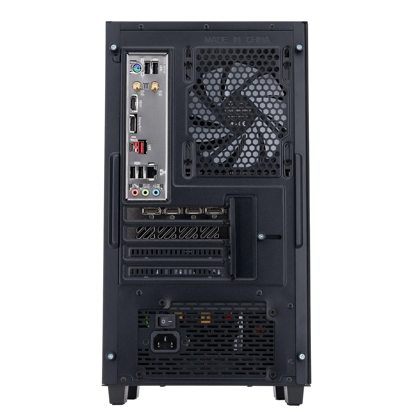 Back panel of black gaming computer tower showing I/O ports, cooling fan, power supply, and expansion slots