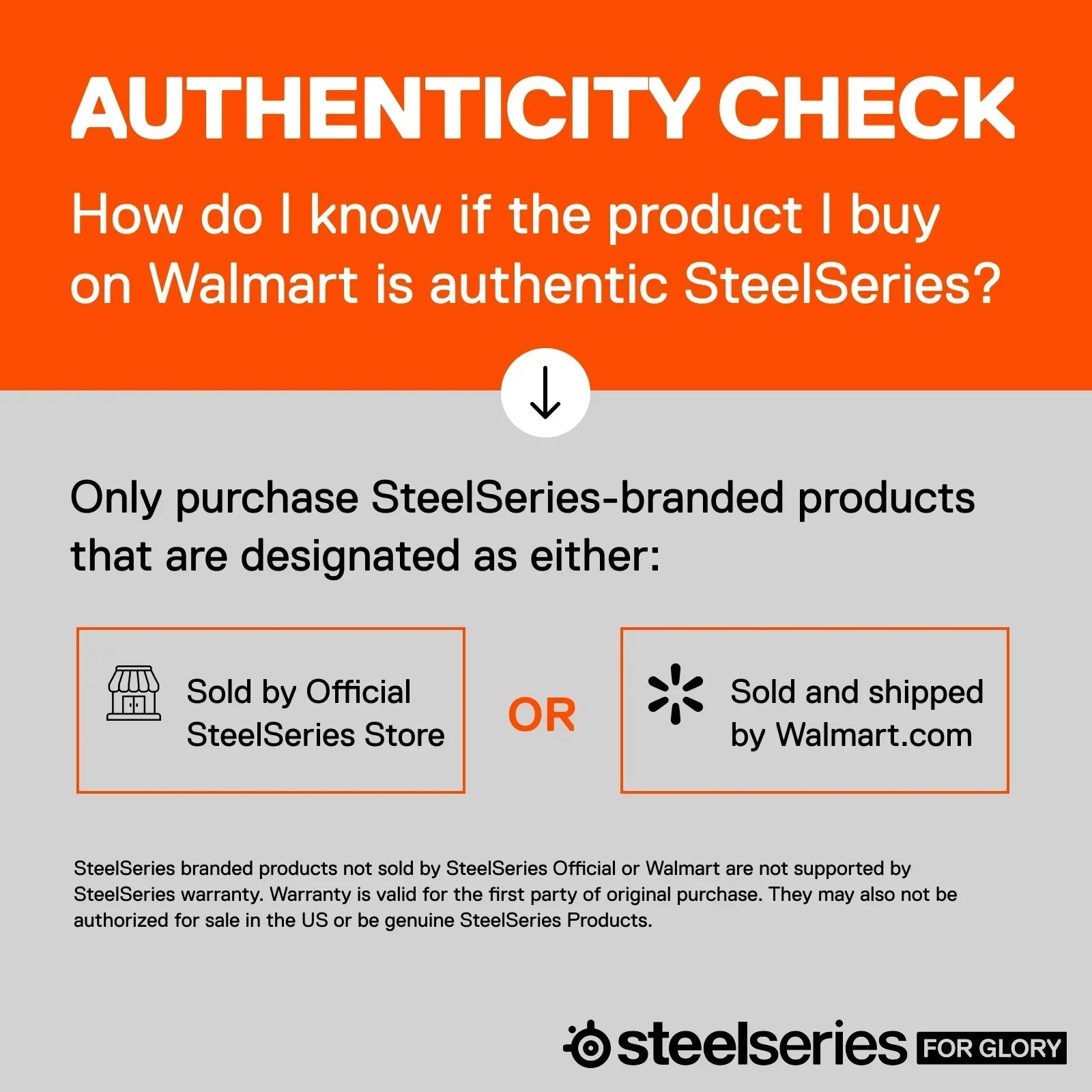 SteelSeries authenticity check guide on Walmart, showing official store and Walmart.com purchase options.