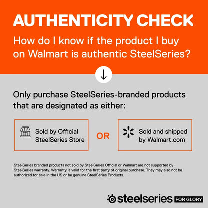SteelSeries authenticity check guide on Walmart, showing official store and Walmart.com purchase options.