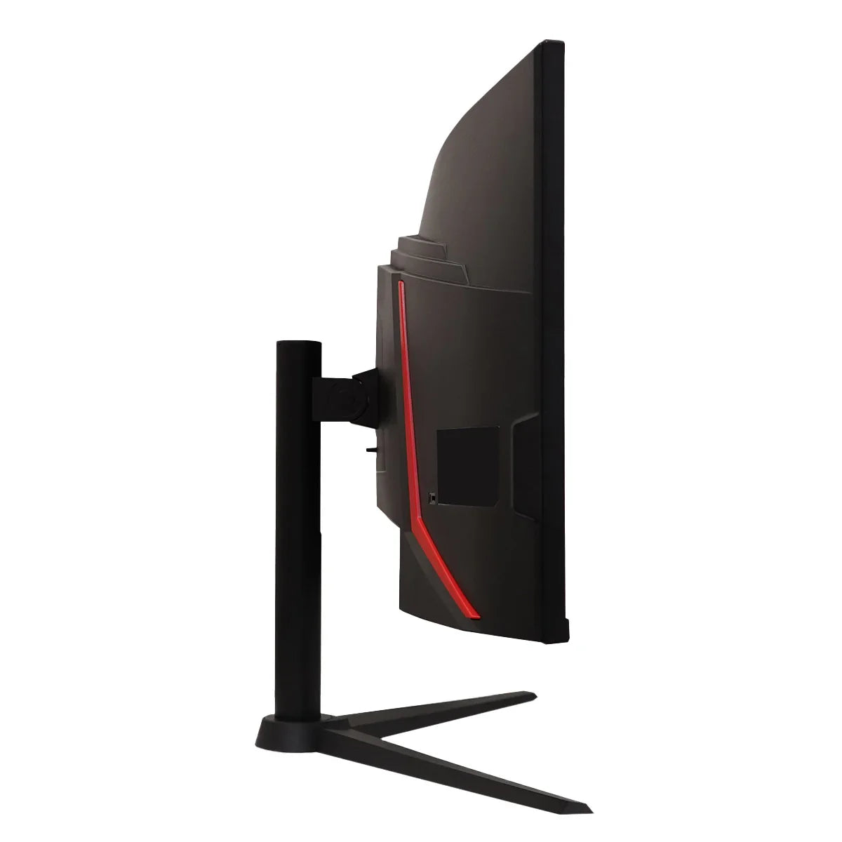 Side view of sleek black curved gaming monitor with red accent and adjustable stand on white background