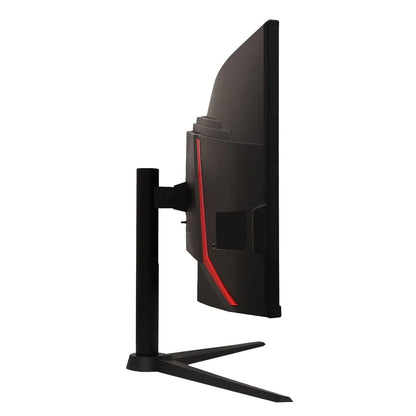 Side view of sleek black curved gaming monitor with red accent and adjustable stand on white background