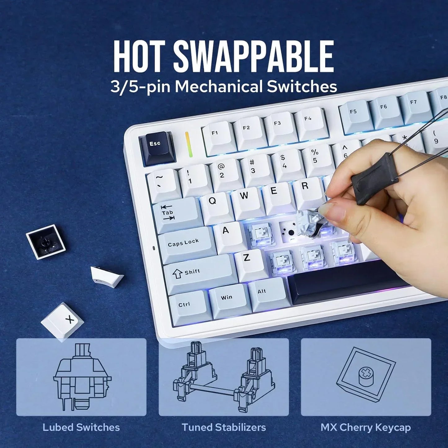 Hot swappable mechanical gaming keyboard with RGB, keycap and switch removal demo