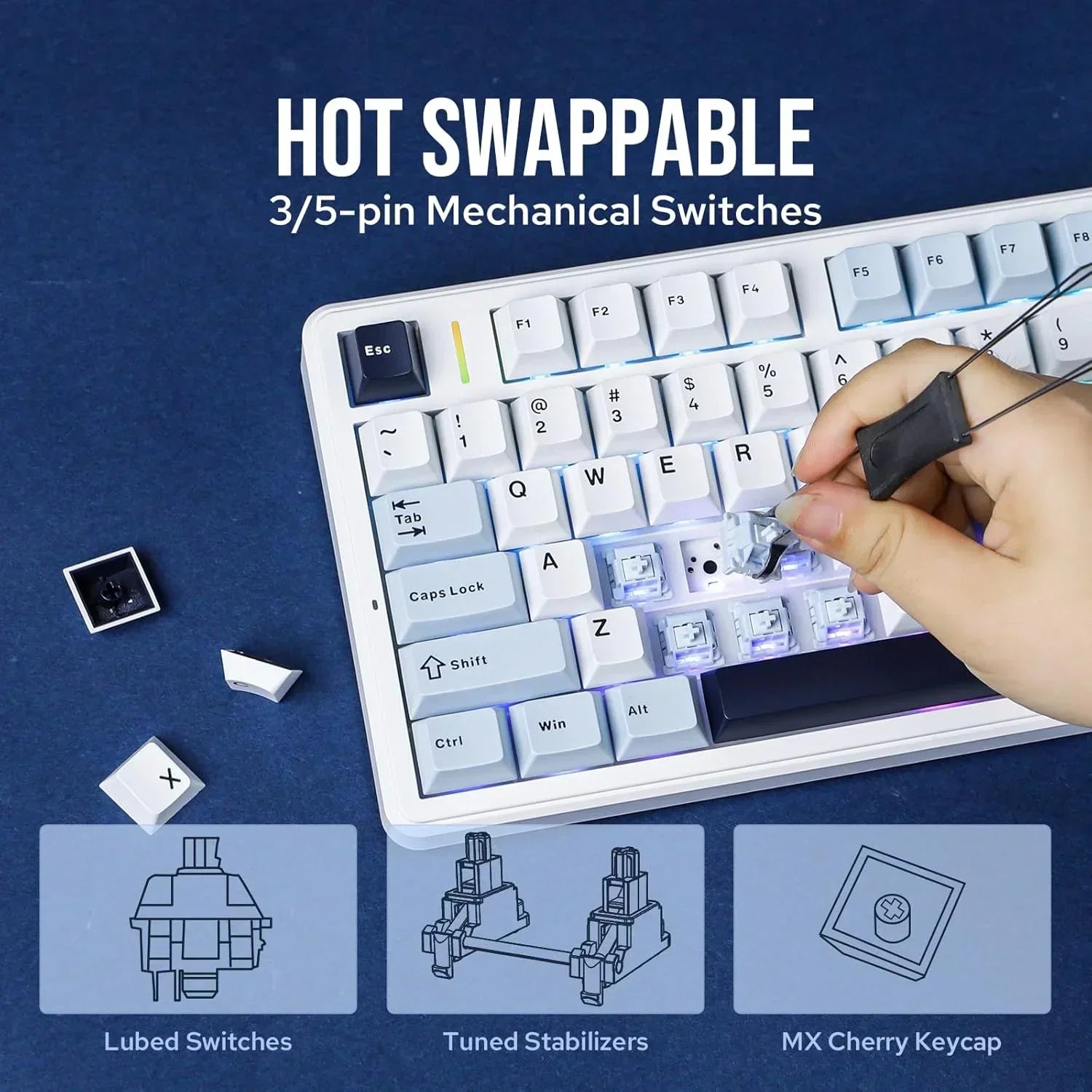 Hot swappable mechanical gaming keyboard with RGB, keycap and switch removal demo