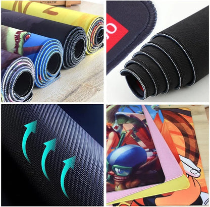 Rolled and flat gaming mouse pads with colorful designs and black textured undersides showcasing durability and anti-slip features