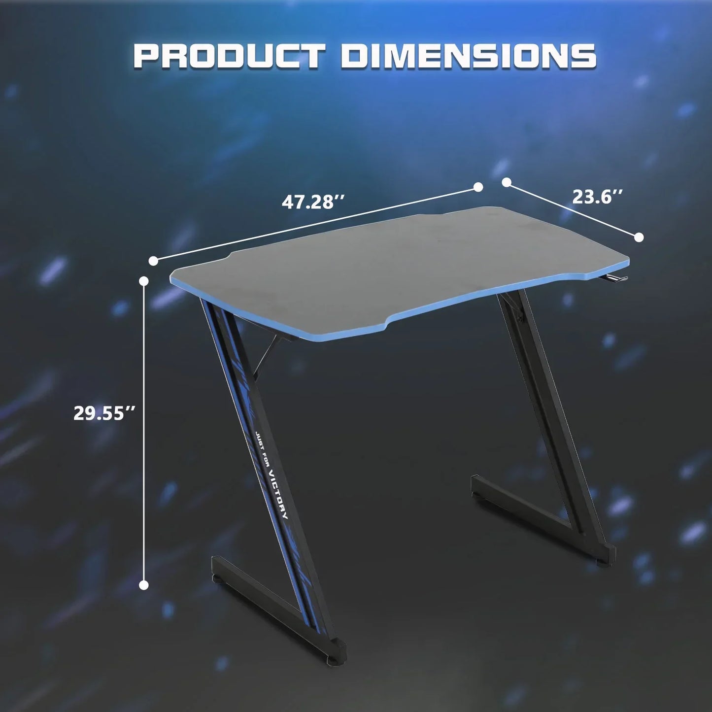Gaming desk with black surface and blue edges, Z-shaped legs, product dimensions 47.28"x23.6"x29.55"