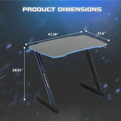 Gaming desk with black surface and blue edges, Z-shaped legs, product dimensions 47.28"x23.6"x29.55"