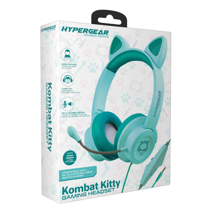 Hypergear Kombat Kitty turquoise gaming headset with cat ears, microphone, and volume control for kids