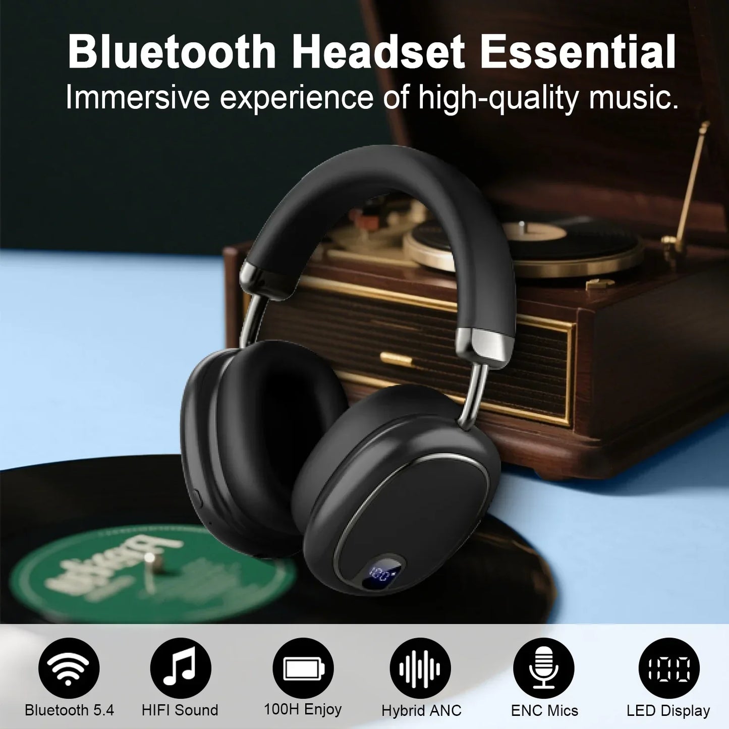 Black Bluetooth wireless headset with LED display, placed near vintage record player and vinyl on blue surface