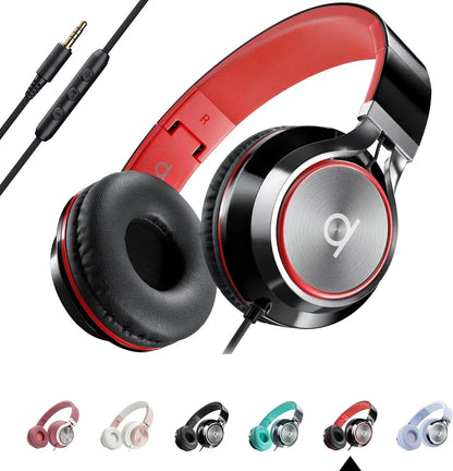 Over-ear wired gaming headset with red and black accents, built-in mic controls, and color options.