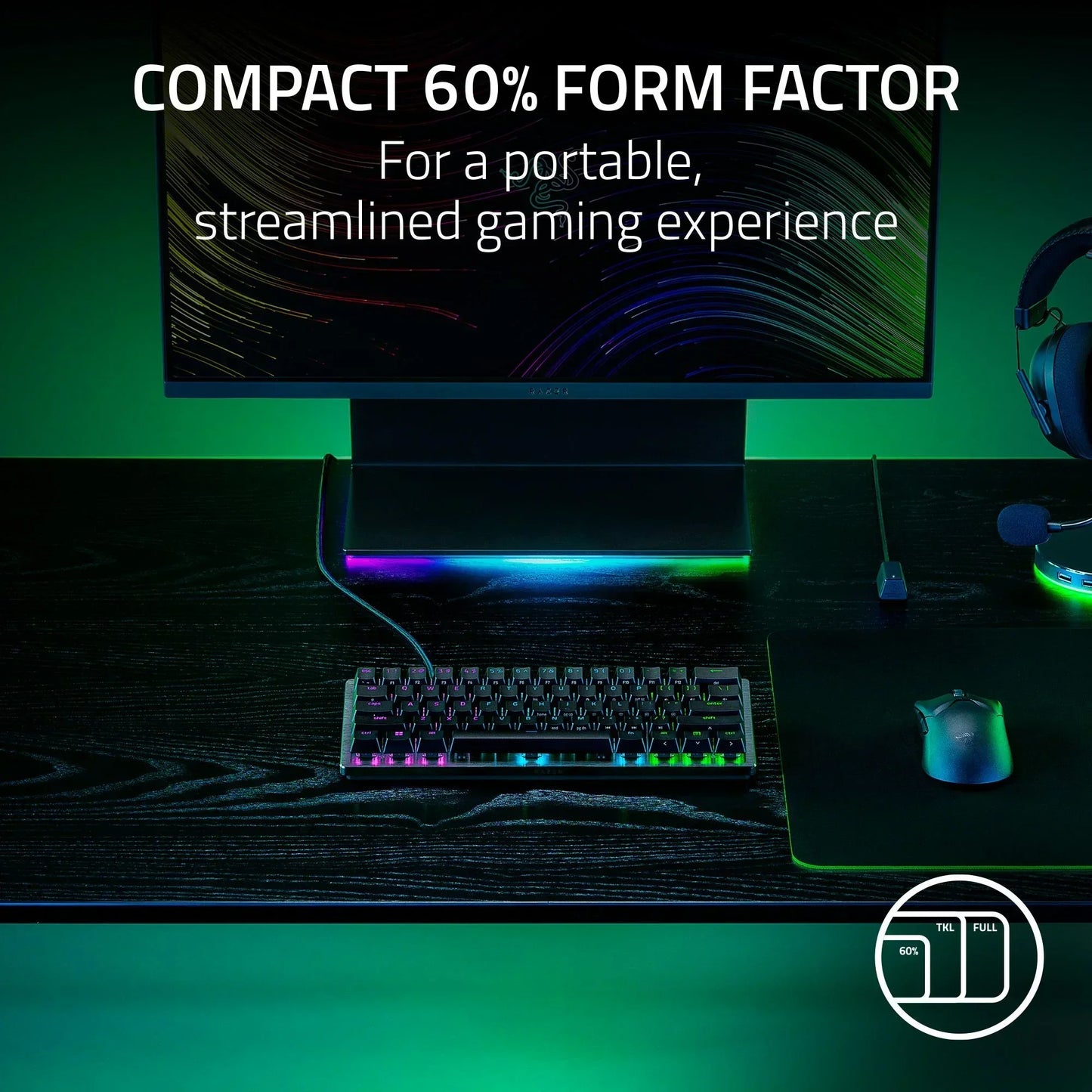 RGB gaming keyboard, mouse, and headset on a sleek desk with monitor, emphasizing compact 60% form factor for Byte Style gamers.