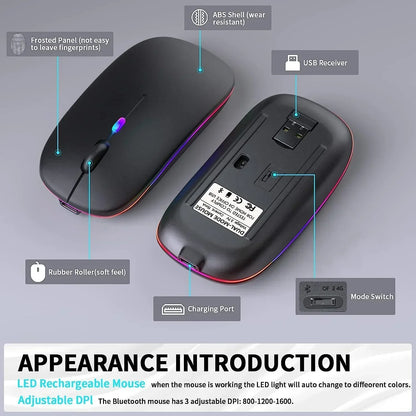 Sleek LED rechargeable wireless mouse with side charging port, USB receiver, adjustable DPI, and soft rubber scroll wheel, featuring RGB lighting and frosted anti-fingerprint panel.