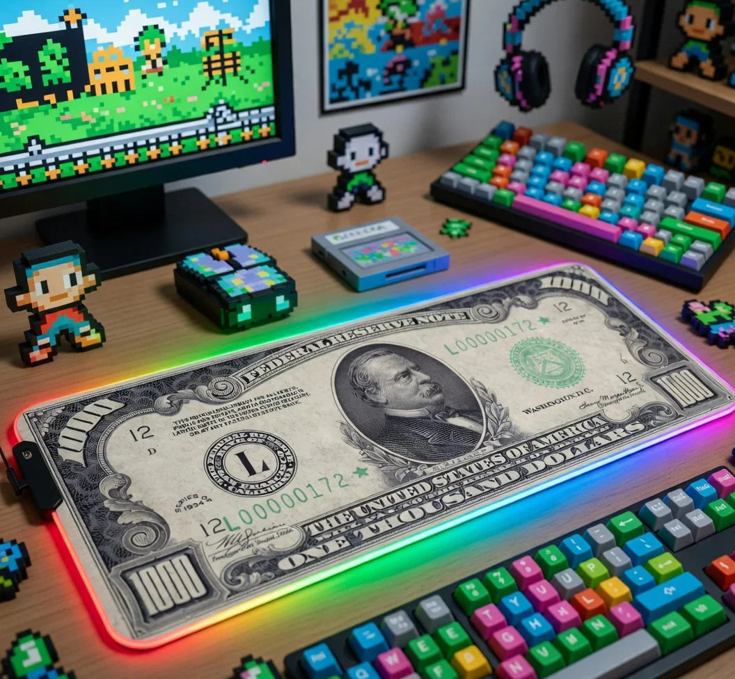 RGB gaming desk pad with $1000 bill print, retro 8-bit decor, colorful keyboard, and monitor