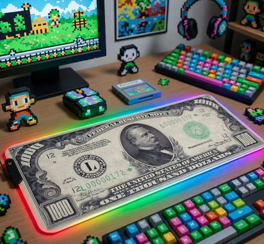 RGB gaming desk pad with $1000 bill print, retro 8-bit decor, colorful keyboard, and monitor