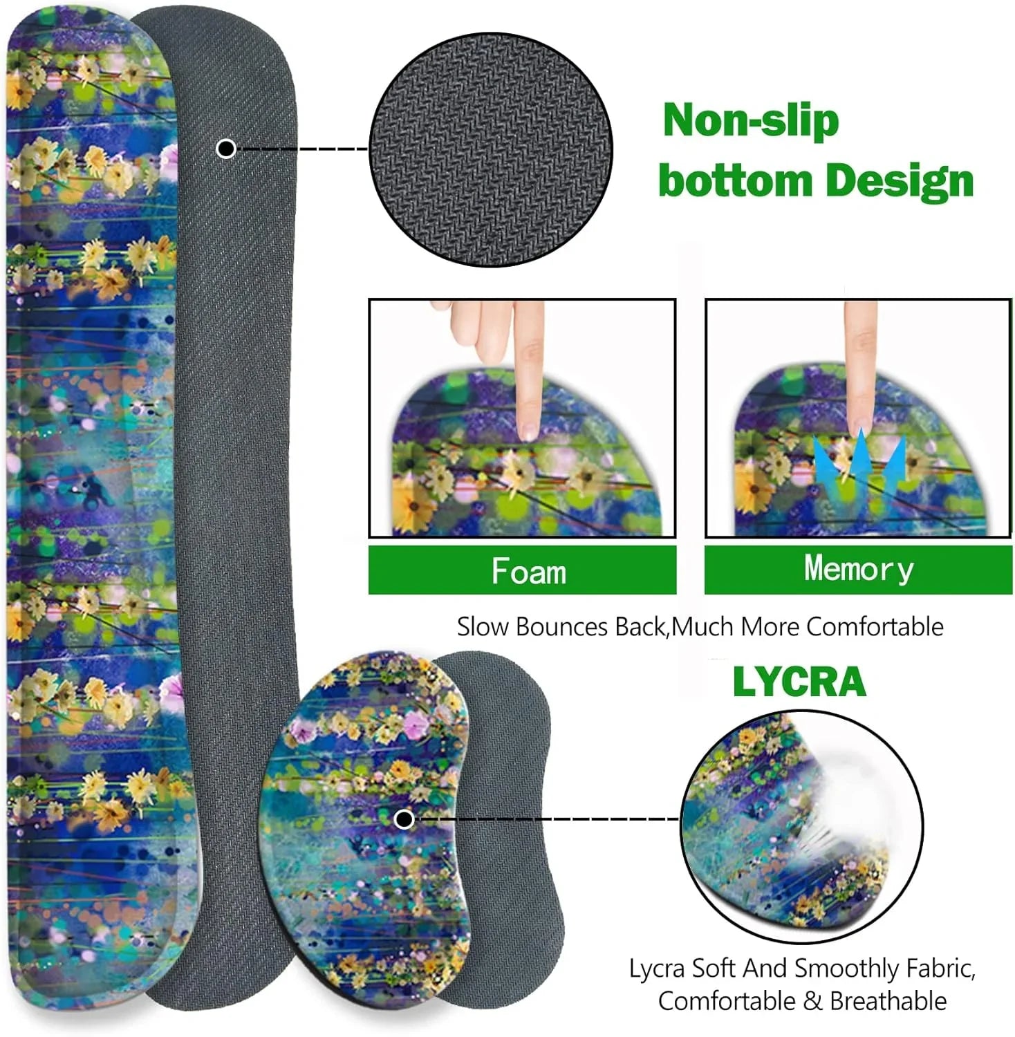 Memory foam wrist rest and mouse pad with floral design and non-slip fabric bottom for gaming comfort