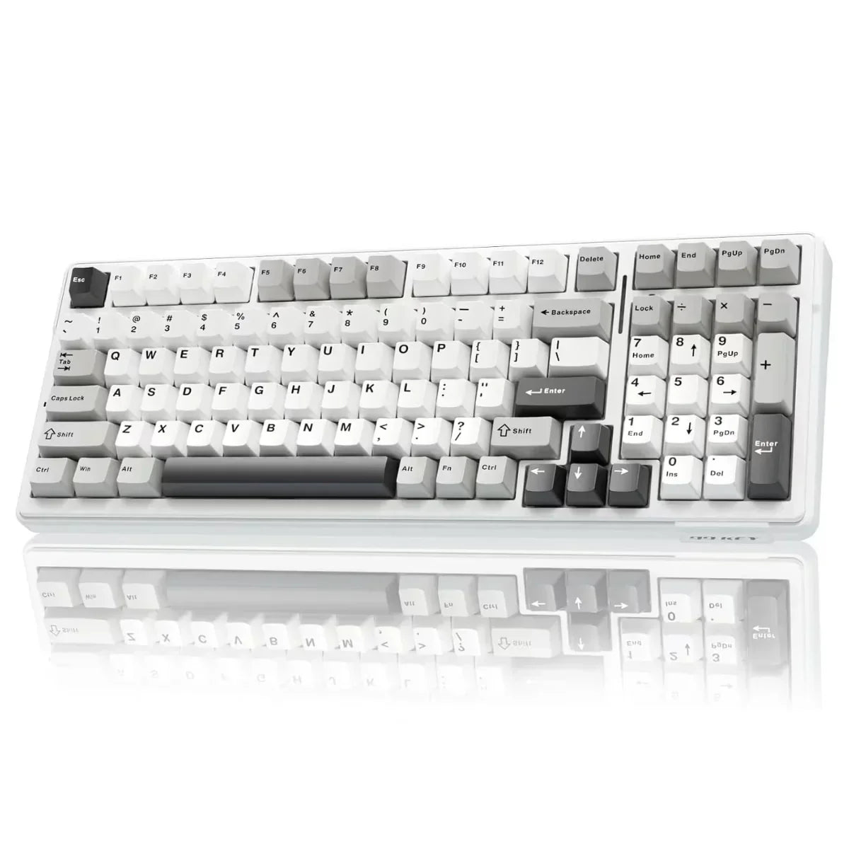 Retro 8-bit style mechanical gaming keyboard with gray and white keycaps on white background