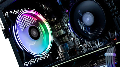 Custom gaming PC interior with glowing RGB cooling fan and AMD ASUS motherboard for retro gaming performance