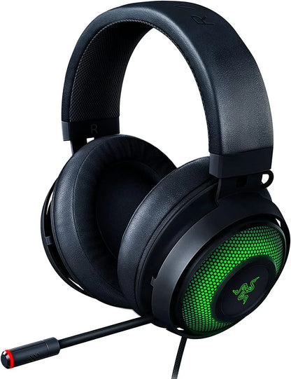 Black gaming headset with green LED earcups and attached microphone