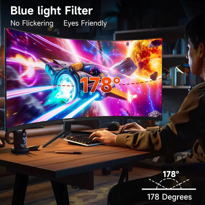 Curved XGAMING monitor with colorful space game, emphasizing 178° wide viewing angle and blue light filter feature