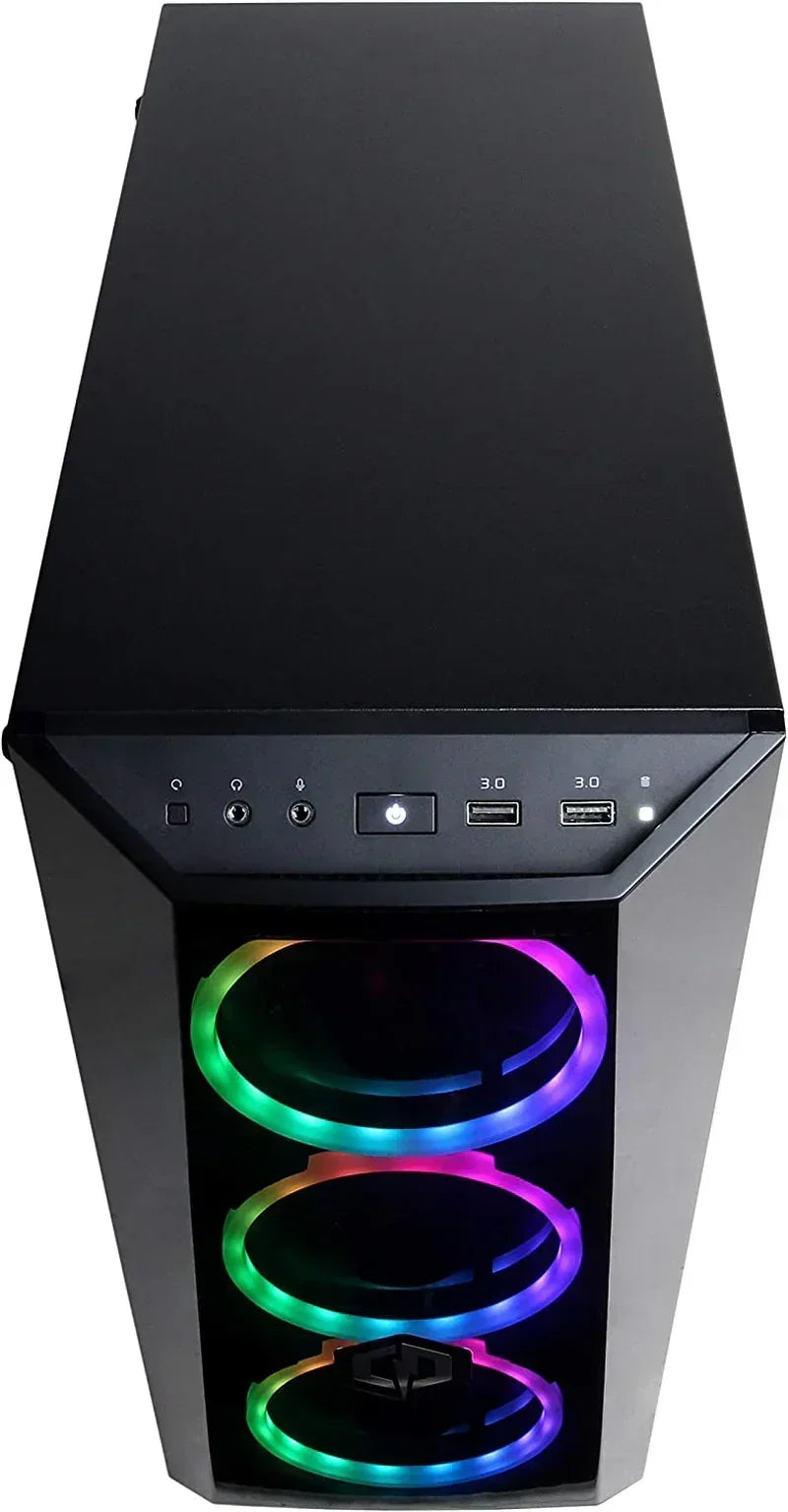 Gaming PC tower with RGB fans, top USB ports, and power button