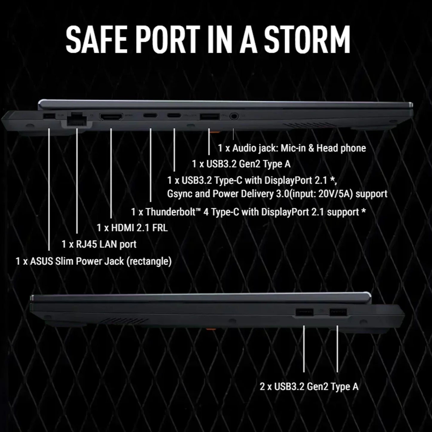 Side view of gaming laptop showing USB-C, HDMI, Thunderbolt, LAN, audio, and USB-A ports