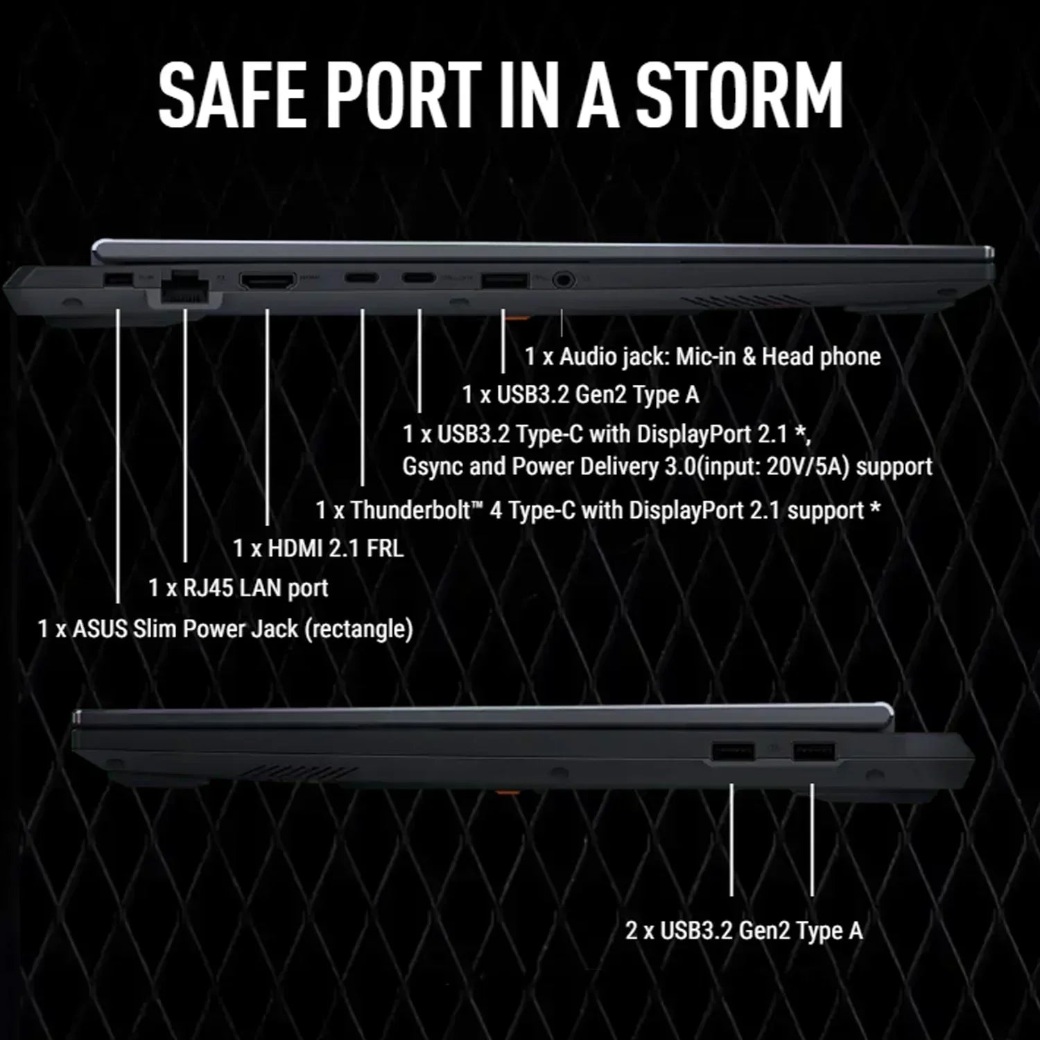 Side view of gaming laptop showing USB-C, HDMI, Thunderbolt, LAN, audio, and USB-A ports